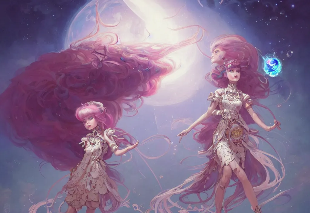 Image similar to full body picture of an maximalist dress magical girl, neat hair with bangs, smug face, extremely beautiful and aesthetic and detailed cute face and eyes, wipe out evils with cute astronaut familiar sprites, aming the magical beams to the camera, chiaroscuro, intricate, masterpiece, epic fantasy illustrations by peter mohrbacher and anato finnstark and jeremy lipking