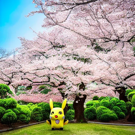 Image similar to A giant Pikachu wearing headphones while sitting against a blossom tree in Japan, XF IQ4, 150MP, 50mm, f/1.4, ISO 200, 1/160s, natural light, Adobe Photoshop, Adobe Lightroom, DxO Photolab, Corel PaintShop Pro, rule of thirds, symmetrical balance, depth layering, polarizing filter, Sense of Depth, AI enhanced