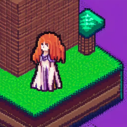 Prompt: isometric, pixel art, secret of mana style, from arknights, girl, brown jacket with long sleeves, brown hair, hair down, pigtails hair, green eyes, clean background