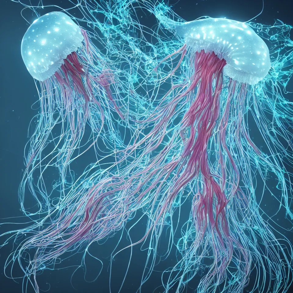 Prompt: a beautiful exquisite hyper detailed rendering of a bioluminescent jellyfish with flowing tendrils, vivid deep colors, scifi, realistic, octane render, vray render,