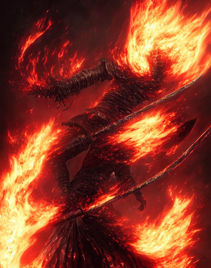 Prompt: illustration of the soul of cinder from Dark Souls 3 wielding a burning greatsword, dark souls 3 artwork by Masanori Warugai, art by greg rutkowski, art by craig mullins, art by Yoshitaka Amano