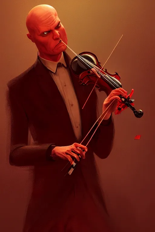 Image similar to an expressive portrait of agent 4 7 playing the violin in a monastery, dark background, red rim light, digital art, artstation, concept art by giger stalenhag