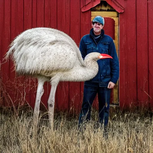 Prompt: a 6 foot tall ostrich, cuddling a small white cat, inside an abandoned red barn with farmers watching