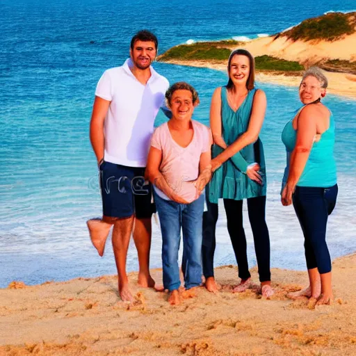 Image similar to a happy family group of people standing on top of a sandy beach, a stock photo by demetrios farmakopoulos, shutterstock contest winner, verdadism, stockphoto, stock photo, photo taken with ektachrome