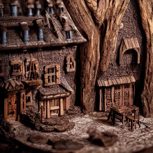 Image similar to miniature Renaissance village inside of a carved out giant oak tree, ultrarealistic, cinematic, highly detailed, dramatic lighting, award winning photography, 8k