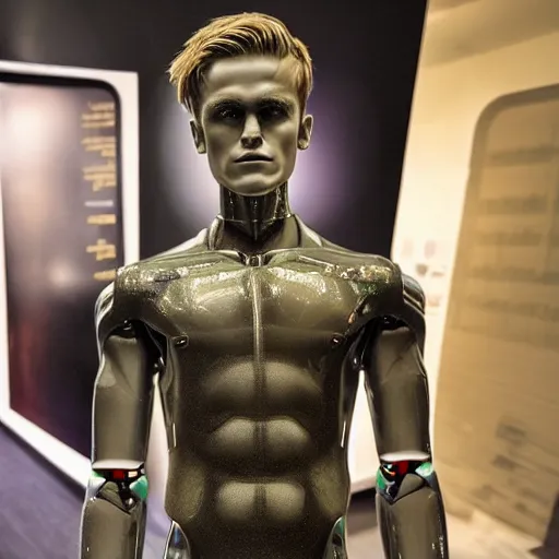 Image similar to a realistic detailed photo of a guy who is an attractive humanoid who is half robot and half humanoid, who is a male android, soccer player martin ødegaard, shiny skin, posing like a statue, blank stare, by the pool, on display, showing off his muscles, humanoid robot, frozen ice statue