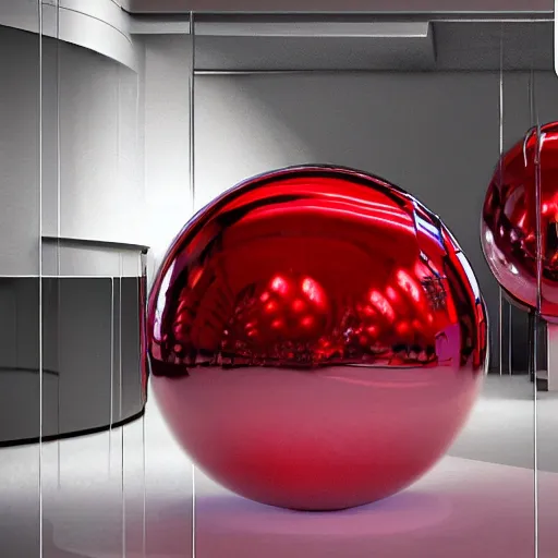 Prompt: chrome spheres on a red cube by peter palombi