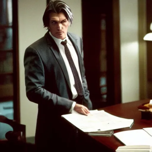 Image similar to Viktor Yushchenko as The American Psycho, cinematic still