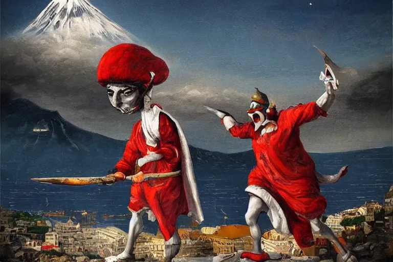 Image similar to a highly detailed pulcinella!!! from naples with pizza!! in the foreground, volcano in the background, full body, wide angle, an ultrafine detailed painting by achille superbi, post - apocalyptic vibe, trending on deviantart, whimsical, lowbrow, coherent, sharp focus, octane, masterpiece