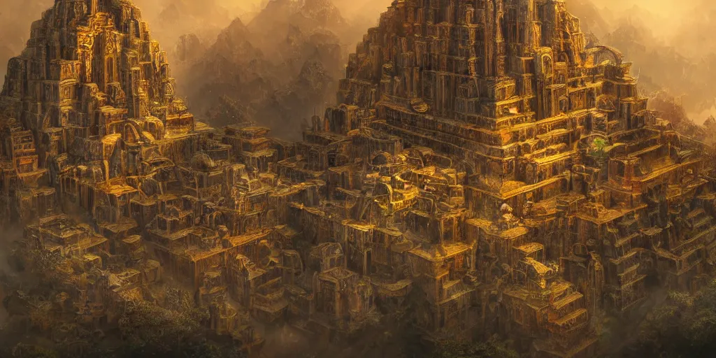 Prompt: Lost city of El Dorado, golden relics, fantasy art, in the style of Turine Tran, illustration, epic, fantasy, intricate, elgant, amazing detail, digital painting, artstation, concept art, smooth, sharp focus