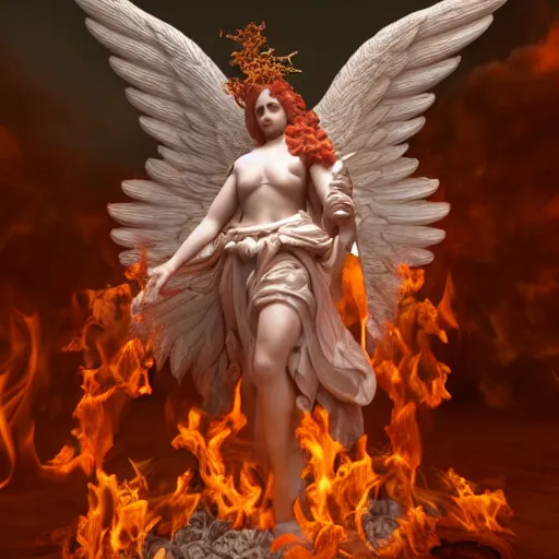 Prompt: fully body image of baroque style ornate warrio angel standing in bed of roses surounded by fire and smoke, moody rim light, dynamic lighting, cinematic shot, ultra detail, renderman, physically based render