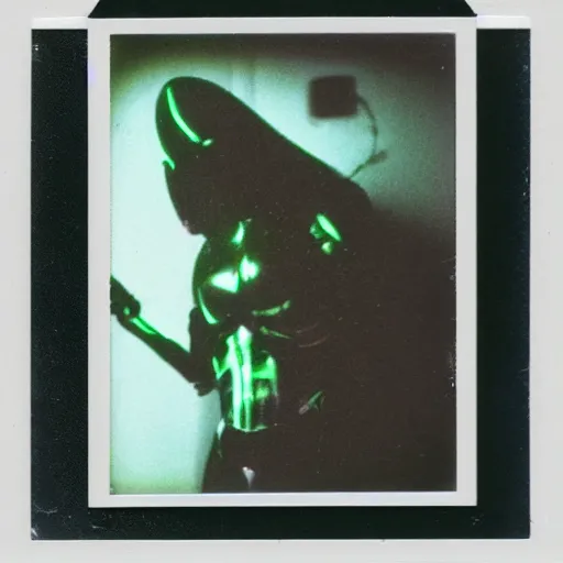 Image similar to a polaroid picture of a xenomorph with fluorescent flesh