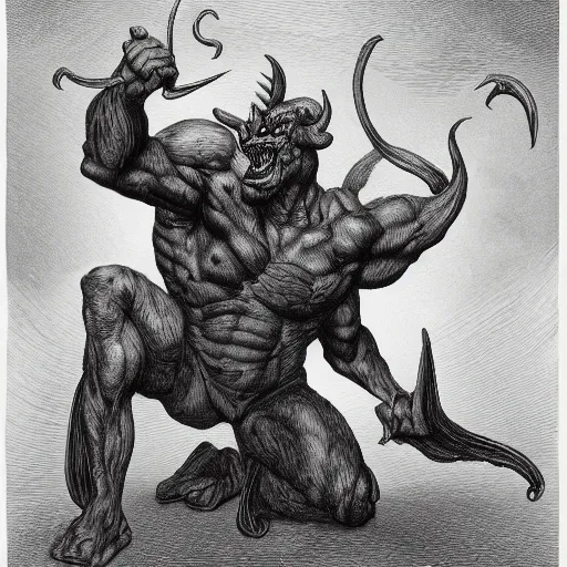 Image similar to full body, grayscale, Gustave Dore, James Daly, muscled humanoid balrog demon, horns, heroic pose, swirling flames