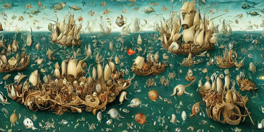 Image similar to thriving marine life in the style of heironymus bosch, beautiful intricate masterpiece, hyper detailed, hd