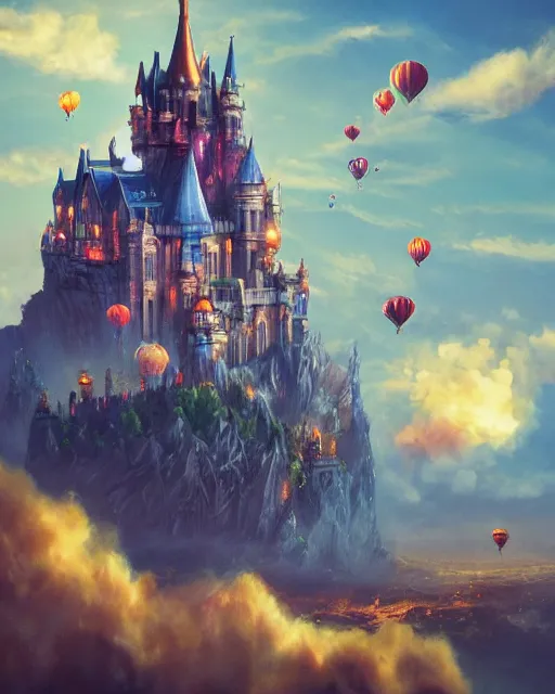 Image similar to flying cloud castle, buildings, baloons, atmosphere, glow, detailed, full of colour, cinematic lighting, trending on artstation, 4 k, hyperrealistic, extreme details, bright, blue sky, mountains, fantasy, masterpiece, art by wylie beckert