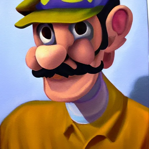 Image similar to Still oil painting of Waluigi. 8k. Trending. Good lighting.