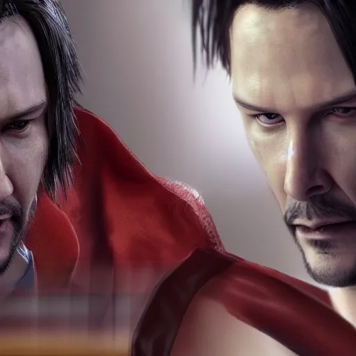 Image similar to Fusion of Dante from Devil May Cry and Keanu Reeves, film still, photorealistic