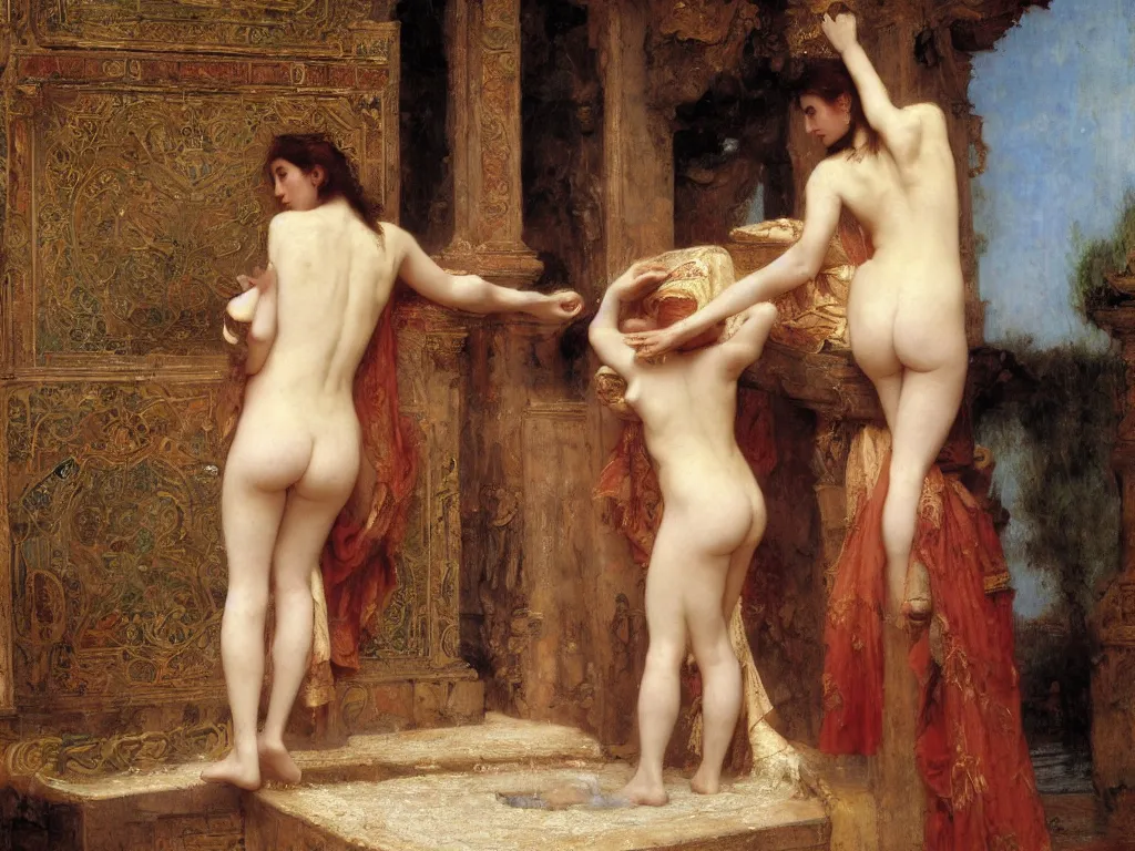 Image similar to felicia day in a turkish bath, painted by jean - leon gerome, by gustave moreau, by william - adolphe bouguereau. exquisite detail and color. volumetric lighting, soft lighting. 8 k resolution