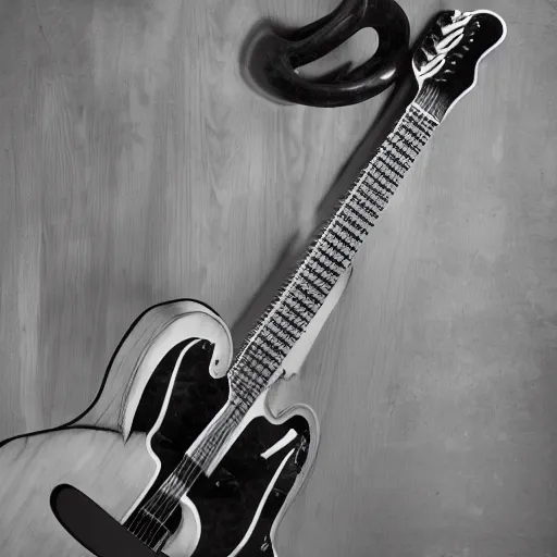 Prompt: studio photo of an imaginary musical instrument morph fusion of guitar and saxophone, highly detailed b&w infrared photorealistic, moody