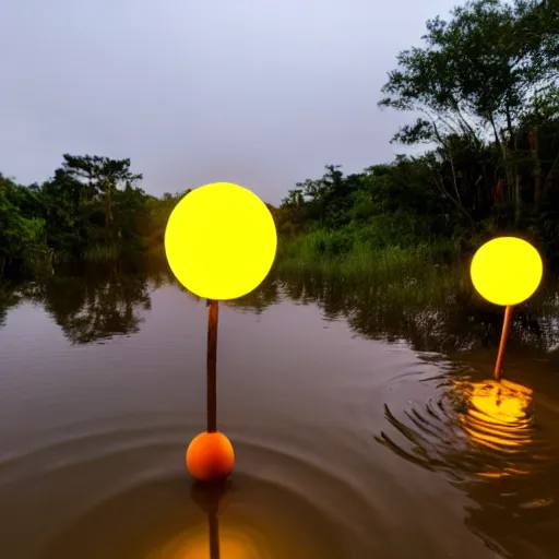 Image similar to photo of 3 glowing orbs floating above the water in a pond surrounded by a lush jungle