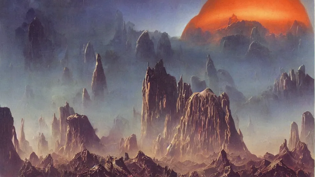 Image similar to surreal eerie alien planet empire by frank frazetta and bruce pennington, cinematic matte painting