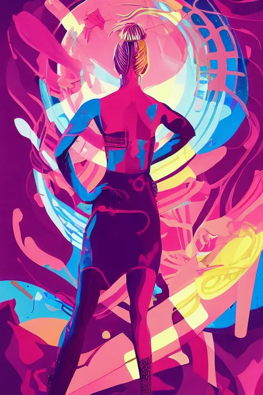 Image similar to a blonde woman mma fighter stands in fighting pose, a shadowy man towers behind her, purple and blue palette, tristan eaton, victo ngai, artgerm, rhads, ross draws