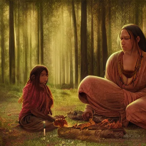 Image similar to chaman woman and her daughter making a ritual in the forest, digital art, highly detailed faces, leesha hanniga
