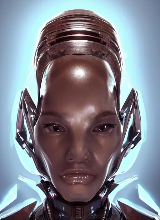 Image similar to beautiful portrait of an alien cyborg, style of Feng Zhu, Artstation geometric, aesthetic, smooth skin, unique features, symmetrical, intricate crown, high fashion, streetwear, cyberpunk, detailed, octane render, cinematic, 8k, brown skin, full lips,