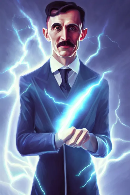 Image similar to nikola tesla, lightning, portrait, sharp focus, digital art, concept art, dynamic lighting, epic composition, trending on artstation, by emylie boivin 2. 0, rossdraws 2. 0