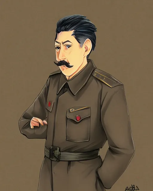 Image similar to Digital communist anime art of Iosif Stalin by A-1 studios, serious expression, empty warehouse background, highly detailed, spotlight