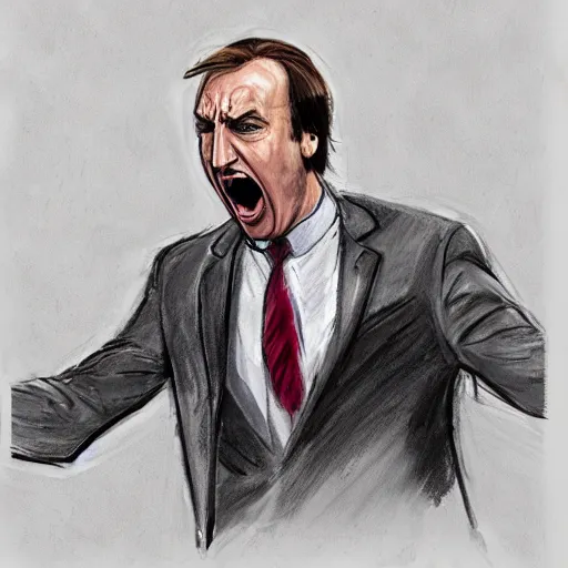 Prompt: saul goodman screaming, courtroom sketch