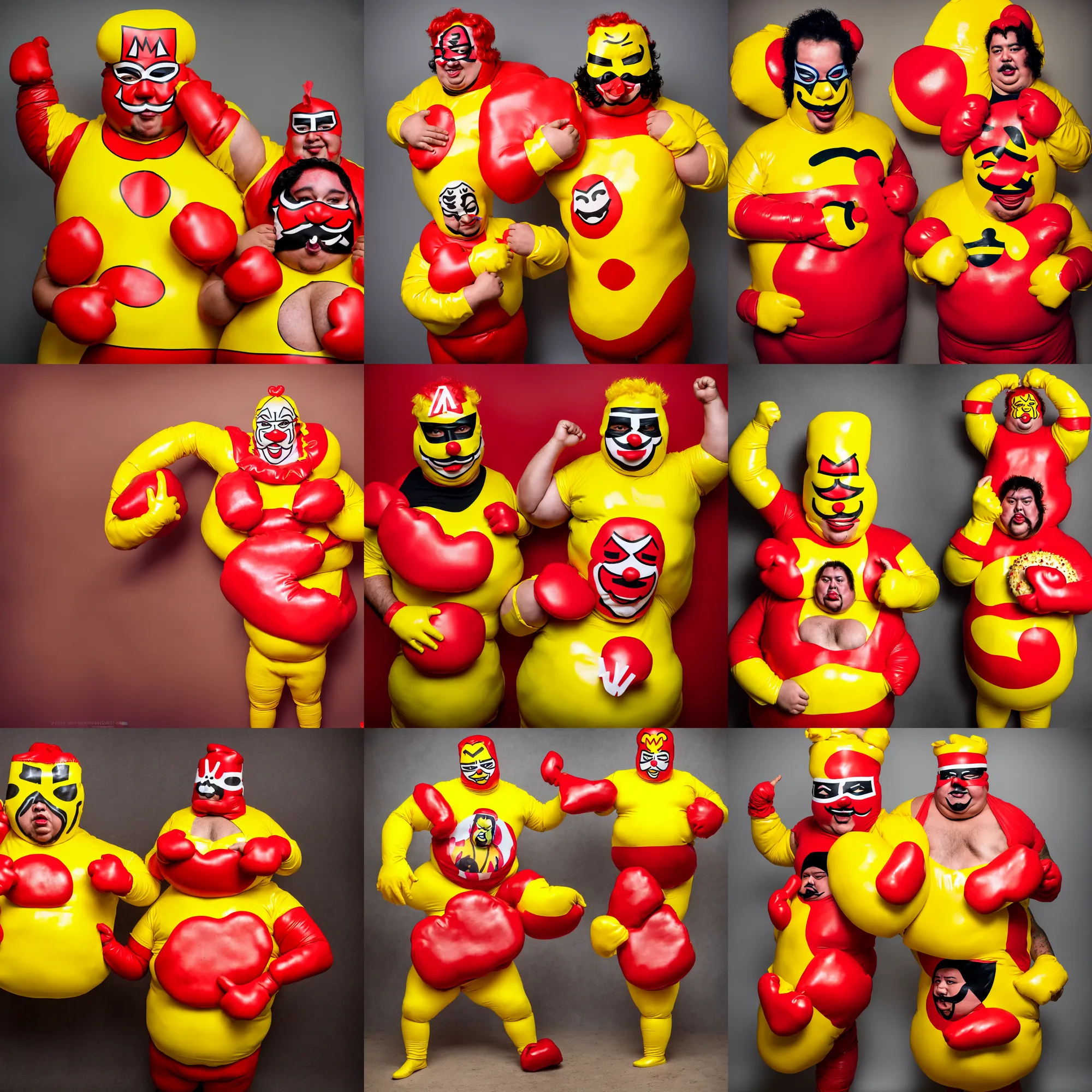 Prompt: wide angle lens portrait of a very chubby looking Lucha libre dressed in yellow and red rubber latex costume holding a huge hamburger, red Ronald McDonald hairstyle, a Macdonalds logo on his chest, D&D, photography inspired by Oleg Vdovenko