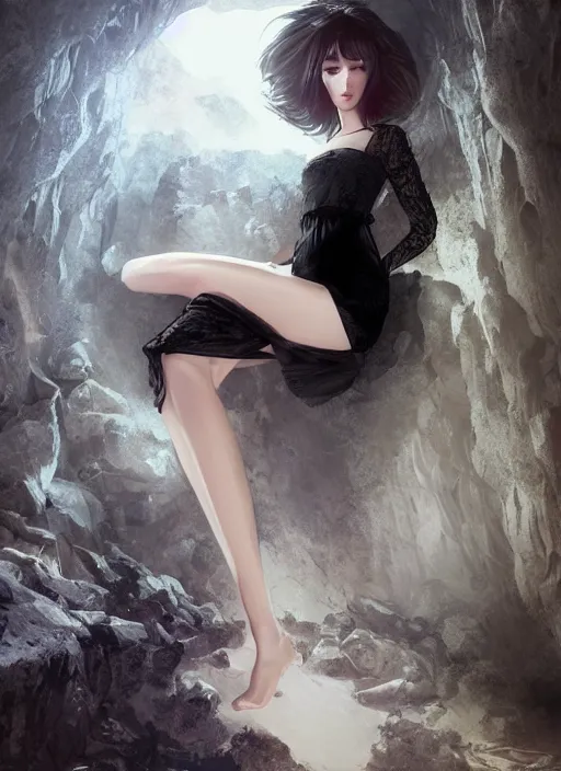 Prompt: beautiful woman in a black lace dress in a cave, detailed dress and face, digital art, manga style, by artgerm, by wlop, by conrad roset, octane render, beautiful lighting