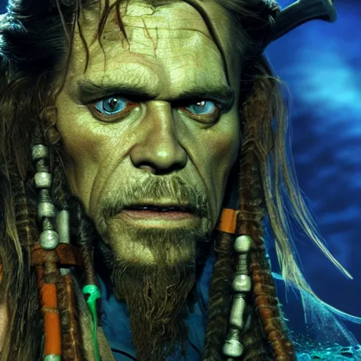 Image similar to Willem Dafoe face, Davy Jones, pirates of the caribbean, octane render, super realistic, portrait shot, under water, light particles, blue and green color