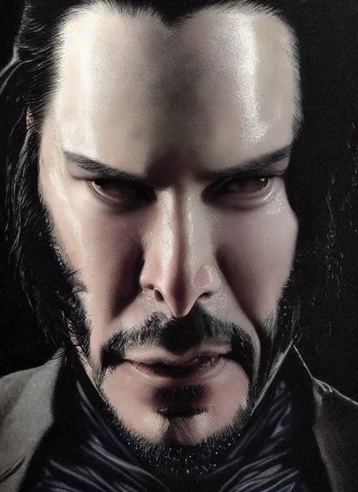 Image similar to keanu reeves neo from matrix 1 as sandman, with fingers and hair turning into smoke, vertigo, shaved, pale skin!, goth, bauhaus, fantasy, intricate, elegant, highly detailed, digital painting, artstation, concept art, wallpaper, smooth, sharp focus, illustration, art by artgerm and greg rutkowski and alphonse mucha