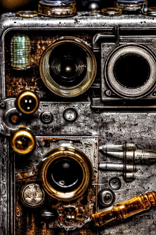 Image similar to A photo of a very old opened camera with film, vacuum tubes, capacitors and coils inside by Richard Kuiper and Steve McCurry, grungy, weathered Ultra detailed, hyper realistic, 4k