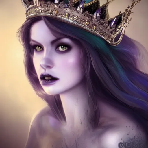 Image similar to detailed portrait of a dark fairy queen, crown, wings, teeth, realism, pale blue, emerald, sapphire,dark purple crown,leaves, moonlit, dark fantasy, dramatic lighting, cgsociety, artstation