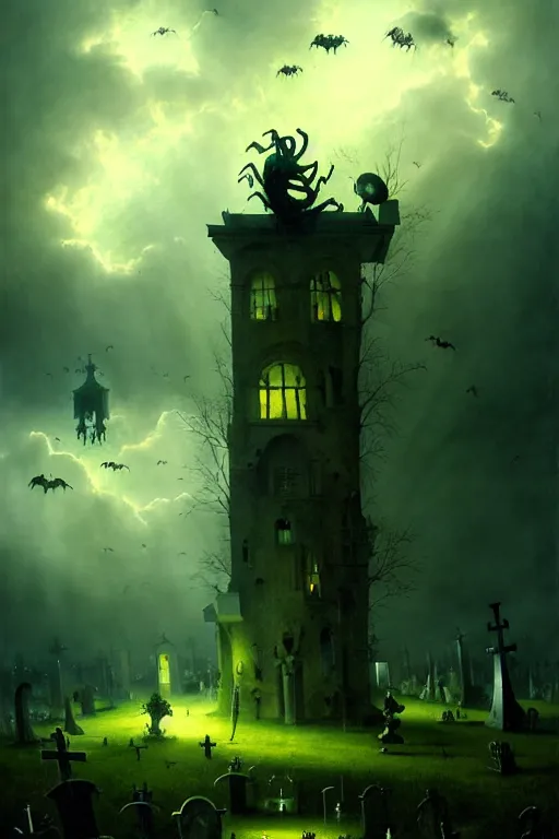 Prompt: hieronymus bosch, greg rutkowski, anna podedworna, painting of a cybernetic skeleton grim reaper floating down from the clouds, god rays, wide shot of a graveyard lit by spooky green lights