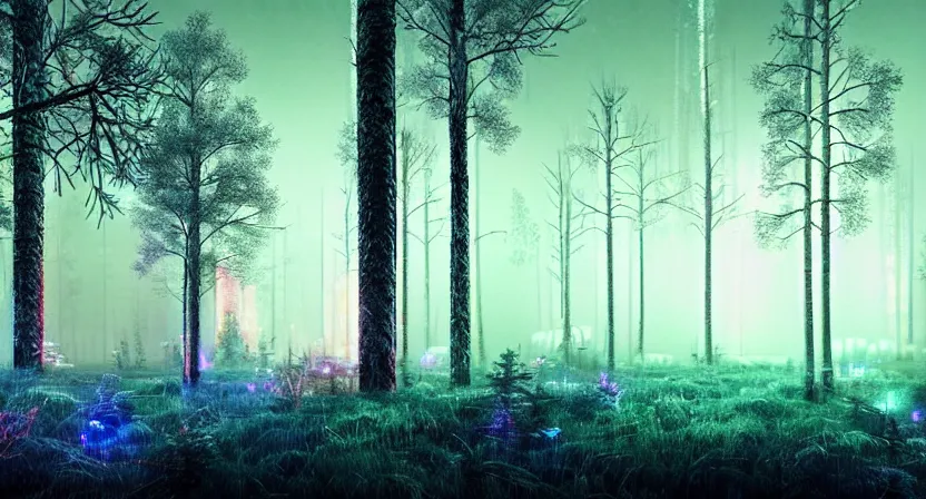 Image similar to national geographic photo of dark russian forest, soft colors, bright neon on trees, retro-futurism, atomic heart game concept render