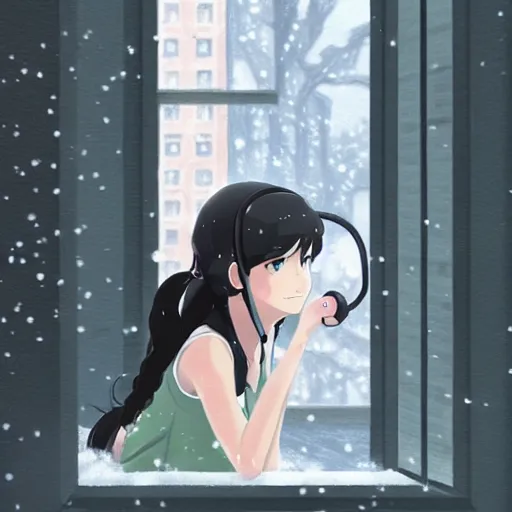 Image similar to Anime painting of a black haired girl wearing headphones looking out of the window into the snowy cold city while studying in her warm cozy home, by makoto shinkai, relaxed, calm, trending on artstation, kimi no na wa
