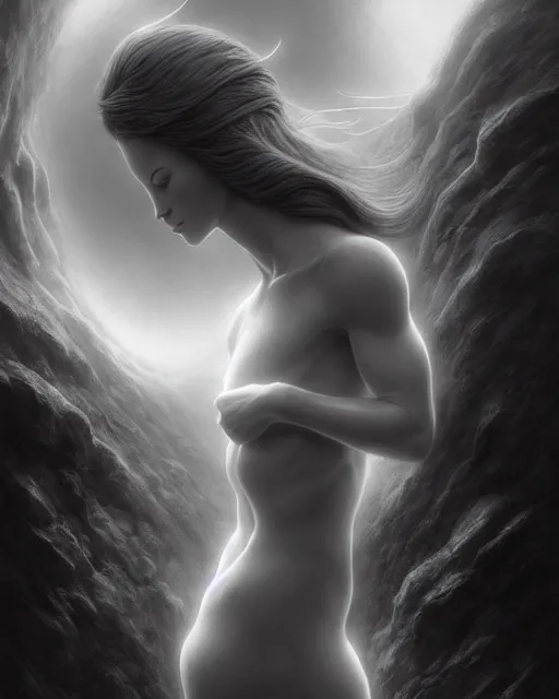 Image similar to dreamy, monochrome, subsurface scattering, white, cyborg goddess in cosmos, black and white, octane render, tomasz alen kopera, jesper ejsing, cgsociety, fenghua zhong, makoto shinkai, james jean, justin gerard, highly detailed, rim light, art, cinematic lighting, very coherent, hyper realism, 8 k