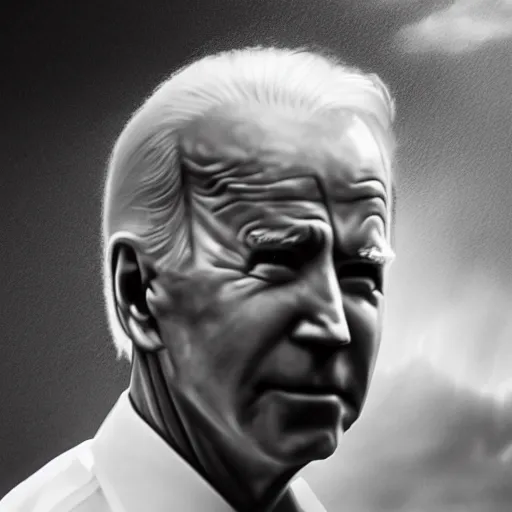 Image similar to ominous portrait of joe biden with glowing eyes, dramatic storm clouds, high contrast