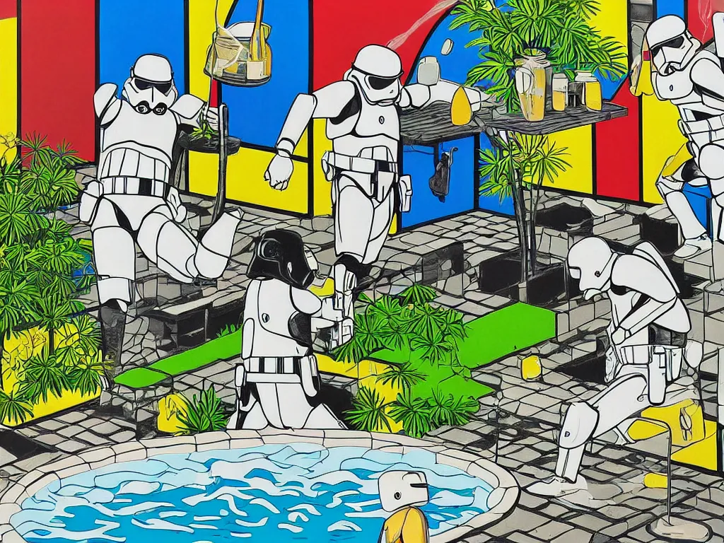 Image similar to hyperrealism composition of the japanese house with a hot springs in the garden, two detailed stormtroopers bathe in a hot spring, pop - art style, jacky tsai style, andy warhol style, roy lichtenstein style, round canvas, acrylic on canvas