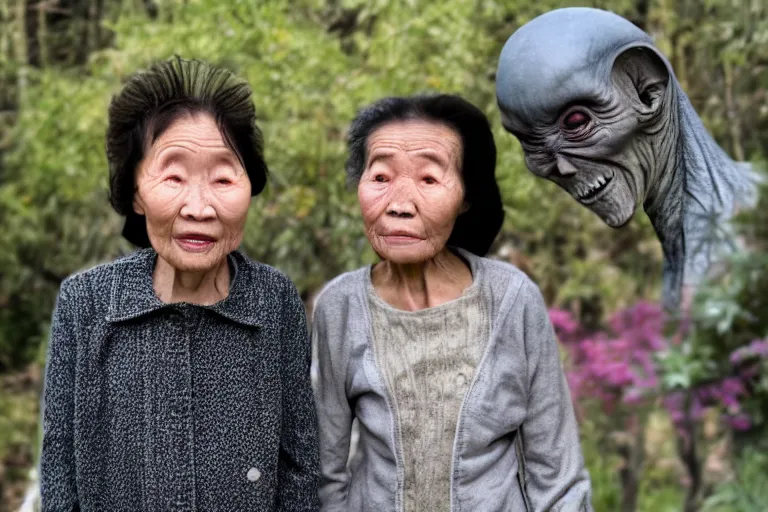 Image similar to old asian woman standing next to a grey alien