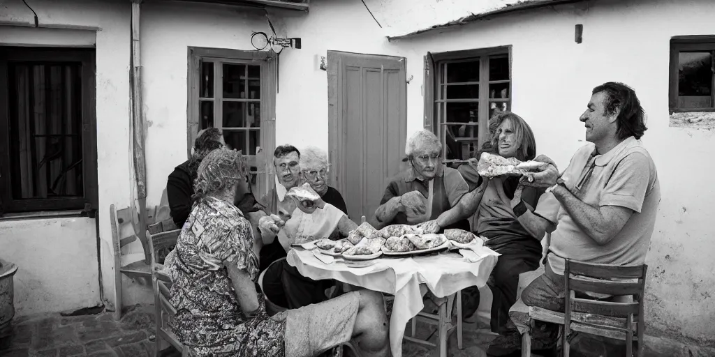 Image similar to cats sharing their mortadella with owner at a trullo house, photoreal, 3 5 mm, award winning photography