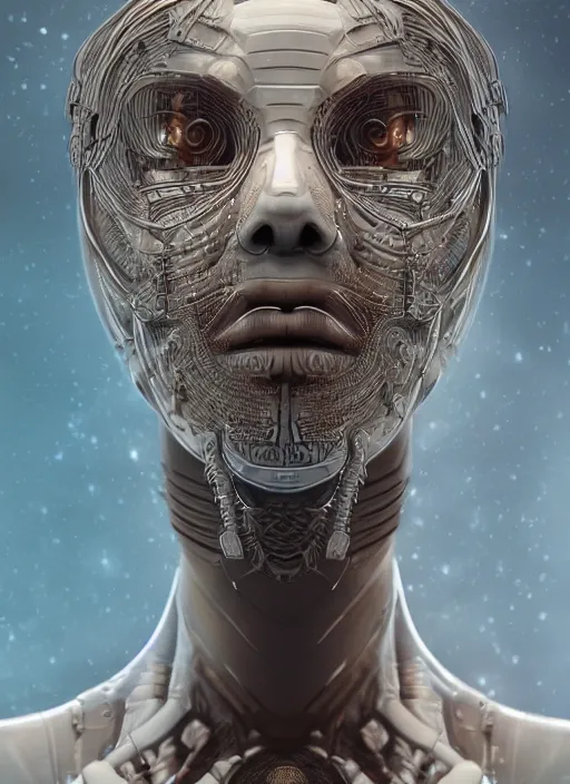 Image similar to beautiful portrait of an alien cyborg, style of Feng Zhu, Artstation geometric, aesthetic, big eyes, smooth skin, angelic, dreamlike, unique features, symmetrical, intricate crown, high fashion, streetwear, cyberpunk, detailed, octane render, cinematic, 8k, brown skin, retro sci fi film, Stanisław Szukalski + Moebius,