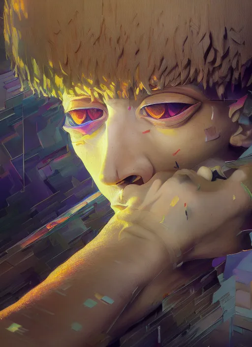 Image similar to mob psycho, cubism, naturel, hyper detailed, digital art, trending in artstation, cinematic lighting, studio quality, smooth render, unreal engine 5 rendered, octane rendered, art style by klimt and nixeu and ian sprigger and wlop and krenz cushart.