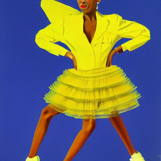 Image similar to african american woman wearing a yellow tutu, portrait artwork by david hockney airbrush and jack vettriano h 6 4 0