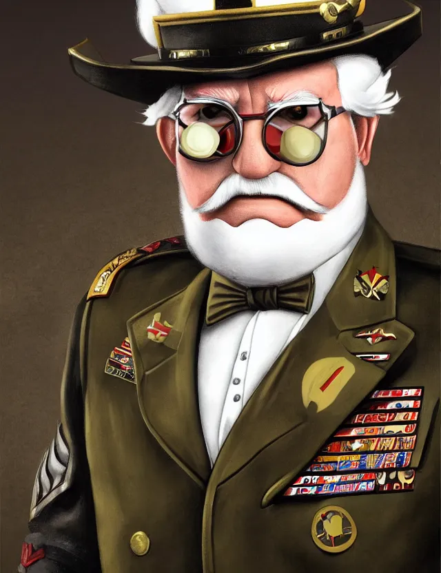 Prompt: a portrait of colonel sanders wearing a military uniform and an eyepatch, by moebius and tyler edlin and hr giger, trending on artstation, digital art, 4 k resolution, detailed, high quality, sharp focus, hq artwork, coherent, insane detail, concept art