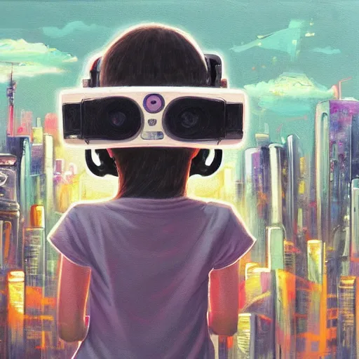 Image similar to a painting of a cat wearing oculus rift with a city in the background, cyberpunk art by hikari shimoda, trending on artstation, panfuturism, utopian art, circuitry, sci - fi